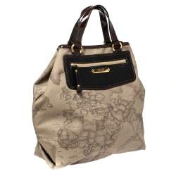 Pre Owned Alviero Martini 1A Classe Beige/Dark Brown Coated Canvas and Patent Leather Tote