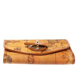 Pre Owned Alviero Martini 1A Classe Tan Geo Map Coated Canvas Flap Compact Wallet