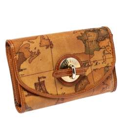 Pre Owned Alviero Martini 1A Classe Tan Geo Map Coated Canvas Flap Compact Wallet