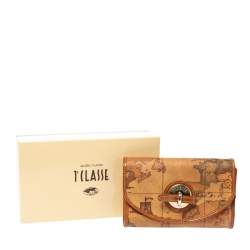 Pre Owned Alviero Martini 1A Classe Tan Geo Map Coated Canvas Flap Compact Wallet