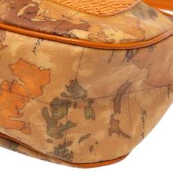 Pre Owned Alviero Martini 1A Classe Orange Geo Print Coated Canvas and Woven Leather Front Pocket Hobo