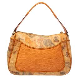 Pre Owned Alviero Martini 1A Classe Orange Geo Print Coated Canvas and Woven Leather Front Pocket Hobo