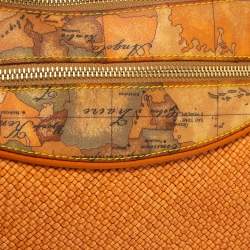 Pre Owned Alviero Martini 1A Classe Orange Geo Print Coated Canvas and Woven Leather Front Pocket Hobo