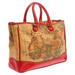 Pre Owned Alviero Martini 1A Classe Beige/Red Geo Print Coated Canvas and Leather Tote