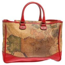 Pre Owned Alviero Martini 1A Classe Beige/Red Geo Print Coated Canvas and Leather Tote