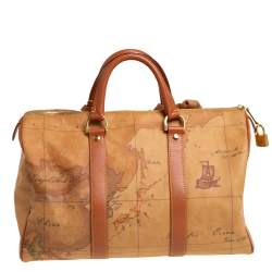Pre Owned Alivero Martini 1A Classe Tan Geo Print Coated Canvas and Leather Duffel Bag