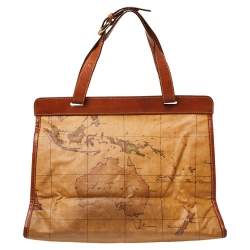 Pre Owned Alviero Martini 1A Classe Tan Geo Print Coated Canvas and Leather Buckle Flap Shoulder Bag