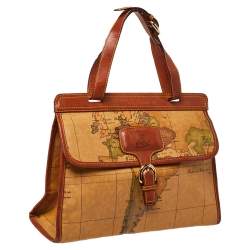 Pre Owned Alviero Martini 1A Classe Tan Geo Print Coated Canvas and Leather Buckle Flap Shoulder Bag