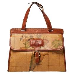 Pre Owned Alviero Martini 1A Classe Tan Geo Print Coated Canvas and Leather Buckle Flap Shoulder Bag