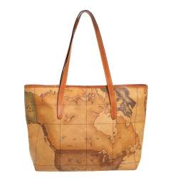 Pre Owned Alviero Martini 1A Classe Tan Geo Print Coated Canvas Zip Tote