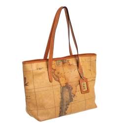 Pre Owned Alviero Martini 1A Classe Tan Geo Print Coated Canvas Zip Tote