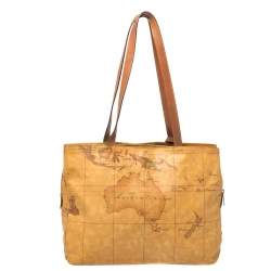 Pre Owned Alviero Martini 1A Classe Tan Geo Print Coated Canvas and Leather Tote