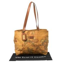 Pre Owned Alviero Martini 1A Classe Tan Geo Print Coated Canvas and Leather Tote