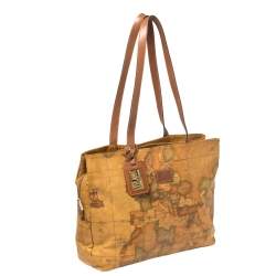 Pre Owned Alviero Martini 1A Classe Tan Geo Print Coated Canvas and Leather Tote