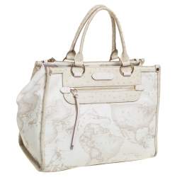 Pre Owned Alviero Martini 1A Classe  Cream Coated Canvas And Ostrich Embossed Leather Geo Sahara Tote