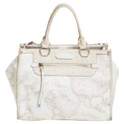 Pre Owned Alviero Martini 1A Classe  Cream Coated Canvas And Ostrich Embossed Leather Geo Sahara Tote