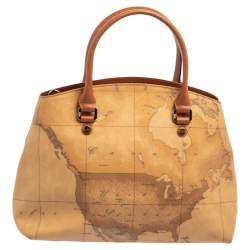 Alviero Martini 1A Classe Tan Geo Print Coated Canvas and Leather Satchel