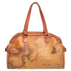 Alviero Martini 1A Classe Tan Geo Print  Coated Canvas and Leather Satchel