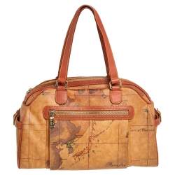 Alviero Martini 1A Classe Tan Geo Print  Coated Canvas and Leather Satchel