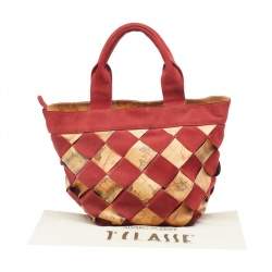 Alviero Martini 1A Classe Beige/Red Geo Print woven Coated Canvas and Suede Tote
