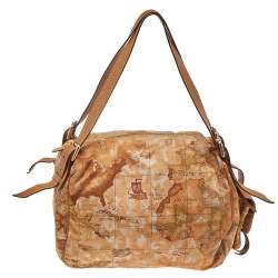 Pre Owned Alviero Martini 1A Classe Geo Print Beige-Brown Nylon And Leather Satchel