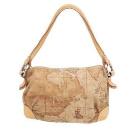 Pre Owned Alviero Martini 1A Classe Geo Print Beige/Brown Canvas And Leather Shoulder Bag