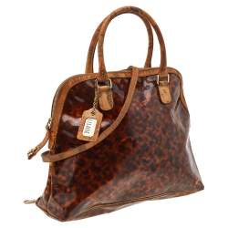 Pre Owned Alviero Martini 1A Classe Geo Print Beige/Brown Leather And Vinyl Dome Satchel