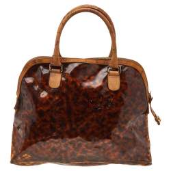 Pre Owned Alviero Martini 1A Classe Geo Print Beige/Brown Leather And Vinyl Dome Satchel