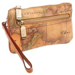 Pre Owned Alviero Martini 1A Classe Tan Geo Classic Print Coated Canvas Wristlet Pouch