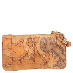 Pre Owned Alviero Martini 1A Classe Tan Geo Classic Print Coated Canvas Wristlet Pouch