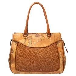 Pre Owned Alviero Martini 1A Classe Tan Geo Print Coated Canvas and Woven Leather Shoulder Bag