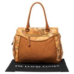 Pre Owned Alviero Martini 1A Classe Tan Geo Print Coated Canvas and Woven Leather Shoulder Bag