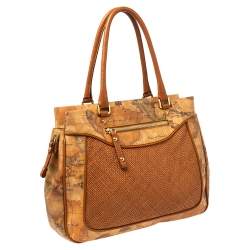 Pre Owned Alviero Martini 1A Classe Tan Geo Print Coated Canvas and Woven Leather Shoulder Bag