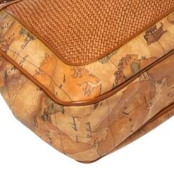 Pre Owned Alviero Martini 1A Classe Tan Geo Print Coated Canvas and Woven Leather Shoulder Bag