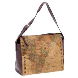 Pre Owned Alviero Martini 1A Classe Tan/Purple Geo Print Coated Canvas and Leather Shoulder Bag