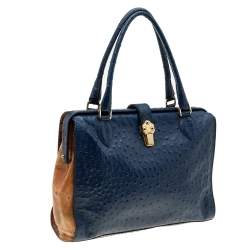Pre Owned Alviero Martini 1A Classe Blue/Beige Ostrich Embossed Leather Satchel