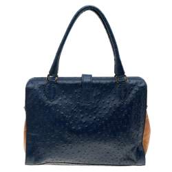 Pre Owned Alviero Martini 1A Classe Blue/Beige Ostrich Embossed Leather Satchel