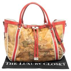 Pre Owned Alviero Martini 1A Classe Tan Geo Print Coated Canvas and Leather Drawstring Shoulder Bag