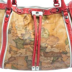 Pre Owned Alviero Martini 1A Classe Tan Geo Print Coated Canvas and Leather Drawstring Shoulder Bag