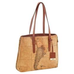 Pre Owned Alviero Martini 1A Classe Tan Geo Print Coated Canvas And Leather Tote