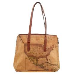 Pre Owned Alviero Martini 1A Classe Tan Geo Print Coated Canvas And Leather Tote