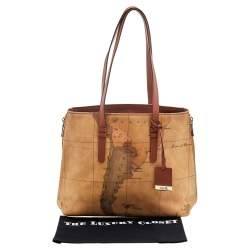 Pre Owned Alviero Martini 1A Classe Tan Geo Print Coated Canvas And Leather Tote