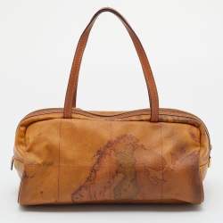 Pre Owned Alviero Martini 1A Classe Tan Geo Print Coated Canvas and Leather Satchel