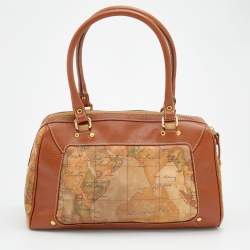 Pre Owned Alviero Martini 1A Classe Tan/Brown Geo Print Coated Canvas and Leather Satchel