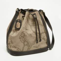 Pre Owned Alviero Martini 1A Classe Brown/Beige Coated Canvas and Leather Geo Classic Bucket Bag