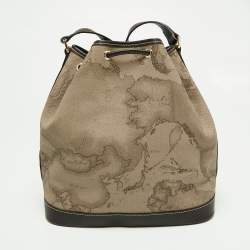 Pre Owned Alviero Martini 1A Classe Brown/Beige Coated Canvas and Leather Geo Classic Bucket Bag