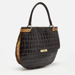 Alviero Martini 1A Classe Dark Brown Croc Embossed Leather and Canvas Hobo 