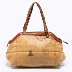 Pre Owned Alviero Martini 1A Classe Beige/Brown Geo Print Coated Canvas/Python Leather Front Pocket Tote