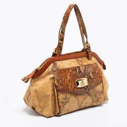 Pre Owned Alviero Martini 1A Classe Beige/Brown Geo Print Coated Canvas/Python Leather Front Pocket Tote