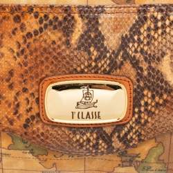 Pre Owned Alviero Martini 1A Classe Beige/Brown Geo Print Coated Canvas/Python Leather Front Pocket Tote